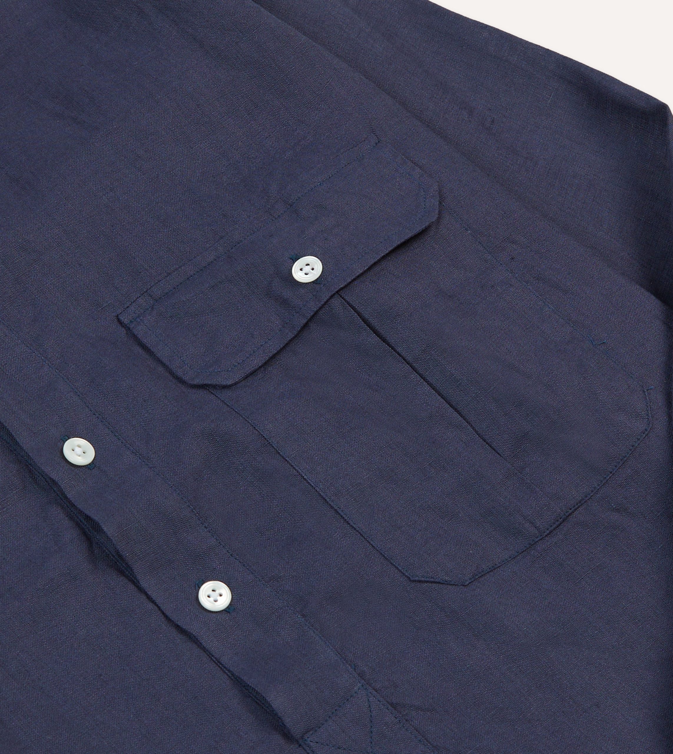 Navy Linen Long Point Collar Popover Shirt - Image 3