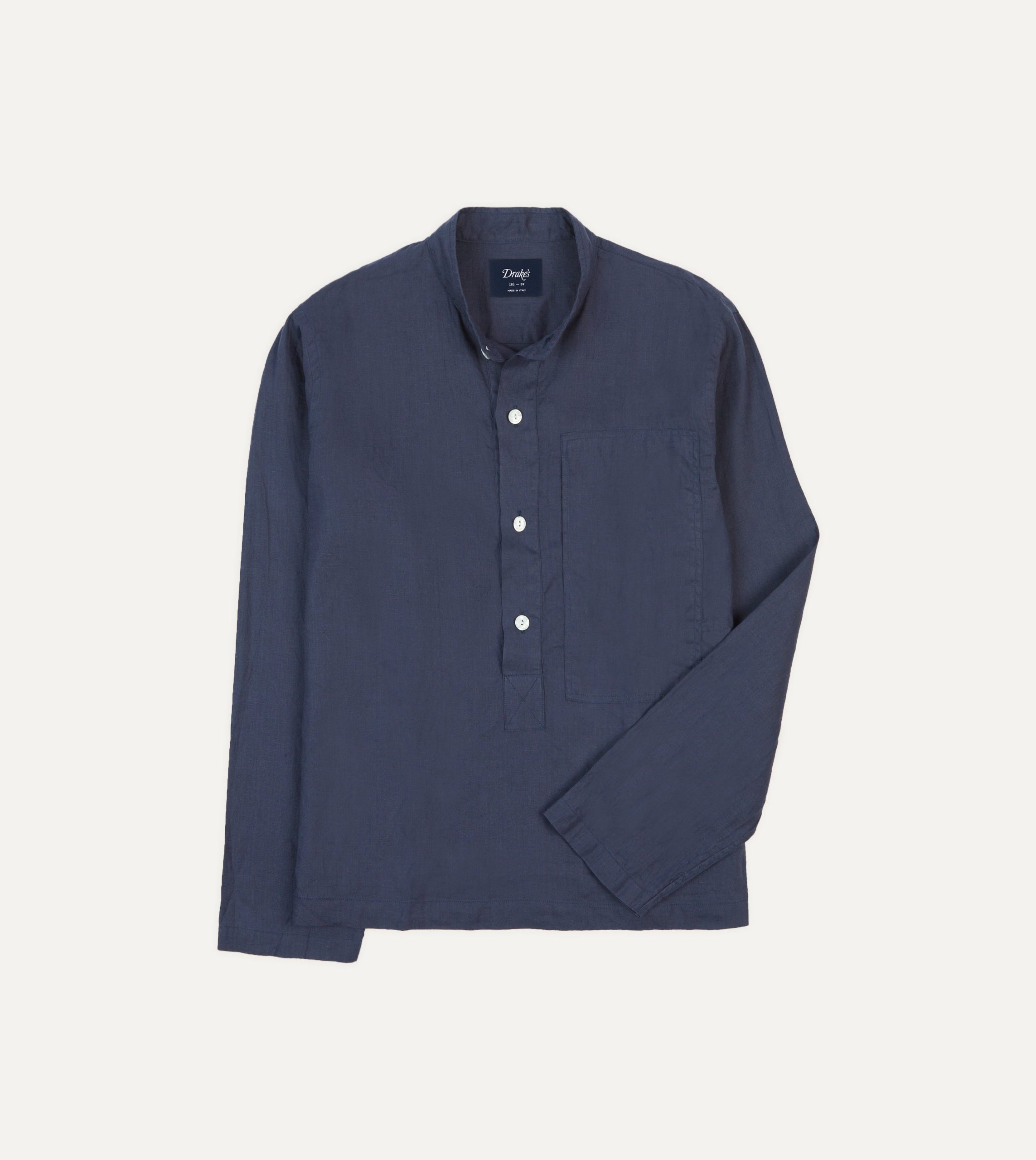Navy Linen Mandarin Collar Popover Shirt
