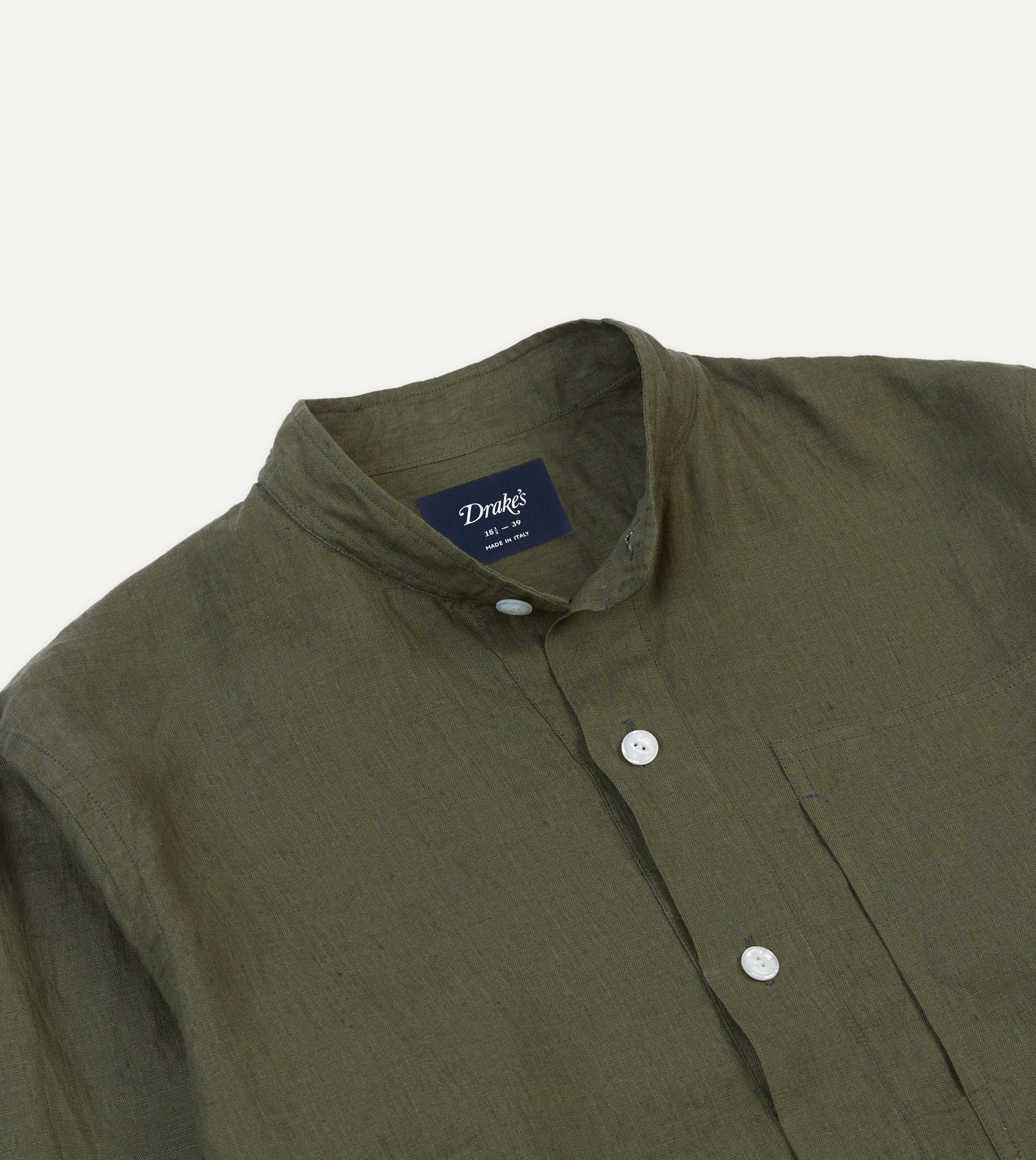 Olive Linen Mandarin Collar Popover Shirt - Image 3