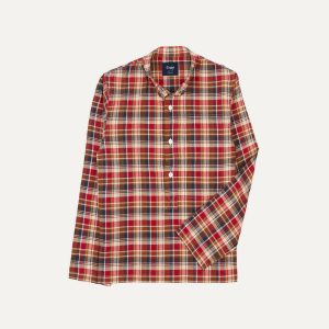 Brown. Navy and Red Madras Check Cotton Mandarin Collar Popover Shirt