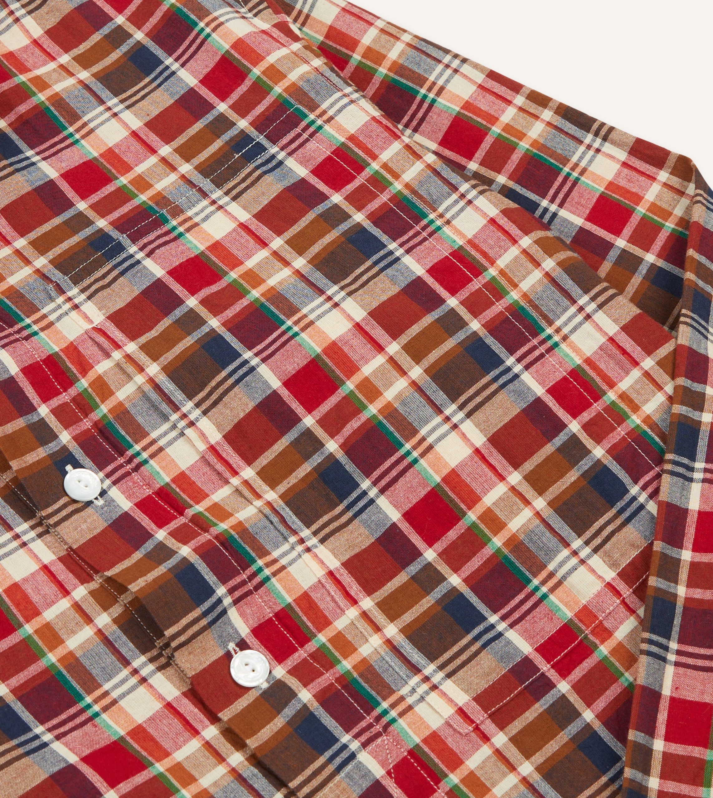 Brown. Navy and Red Madras Check Cotton Mandarin Collar Popover Shirt - Image 4