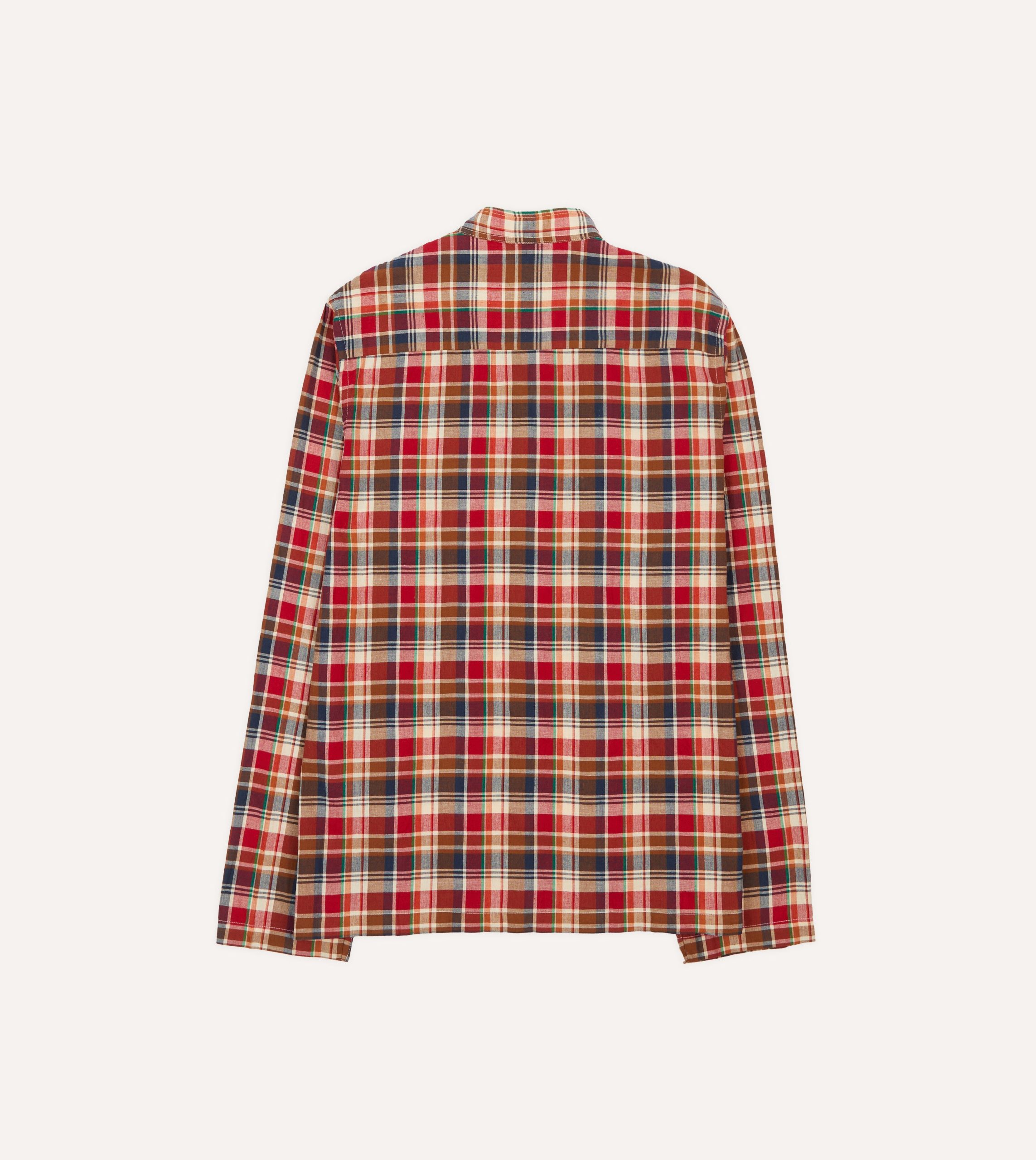 Brown. Navy and Red Madras Check Cotton Mandarin Collar Popover Shirt - Image 6