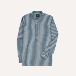 Indigo Stripe Cotton Mandarin Collar Popover Shirt