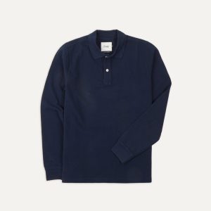 Light Navy Pique Cotton Long-Sleeve Polo Shirt