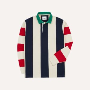 Navy. Red and Ecru Vertical Block Stripe Cotton Rugby Shirt