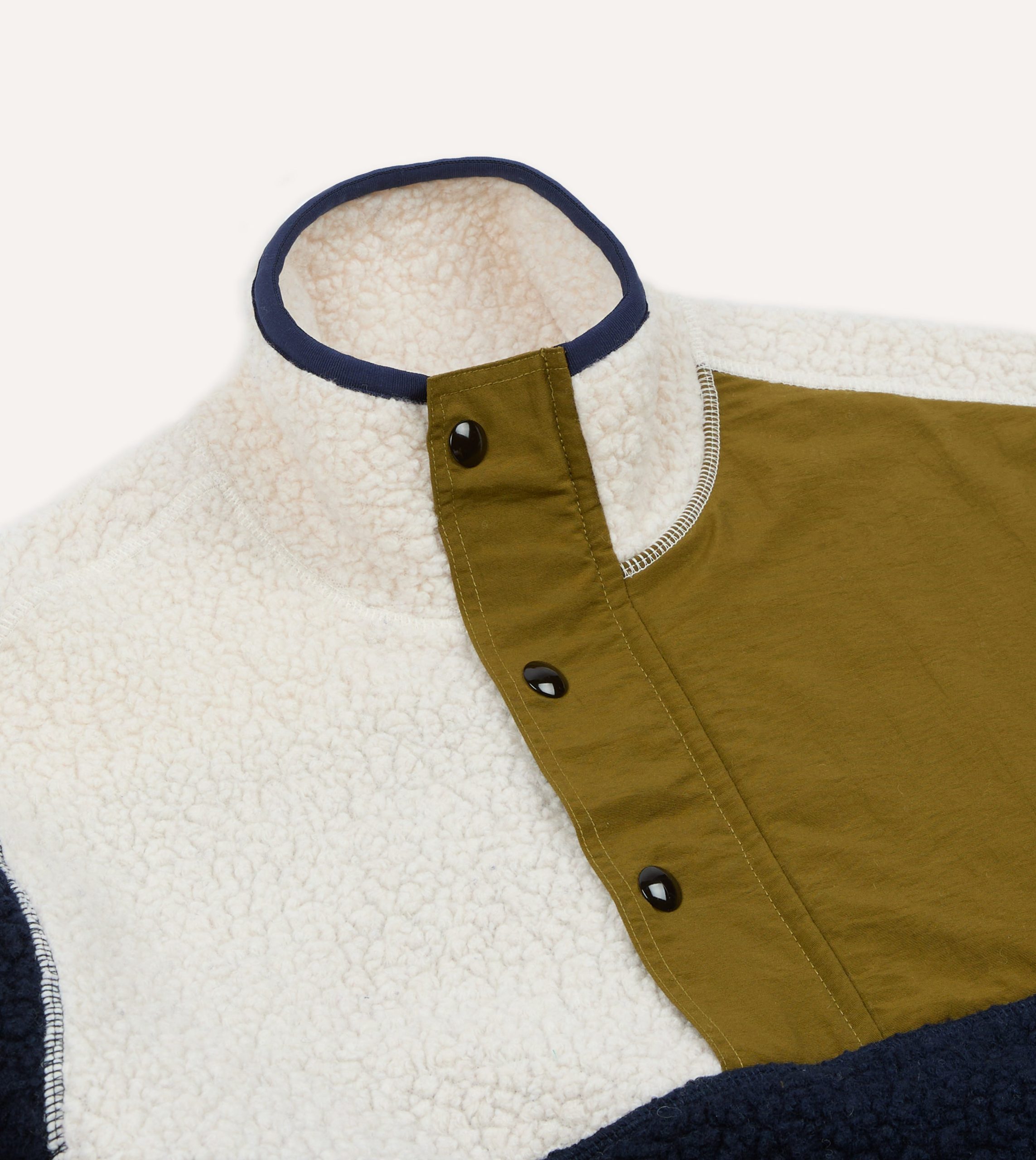 Navy. Ecru and Khaki Boucle Wool Half-Zip Fleece Jacket - Image 4