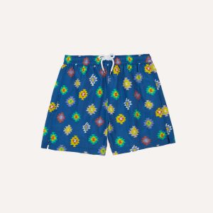 Blue Kilim Print Nylon Drawstring Swim Shorts