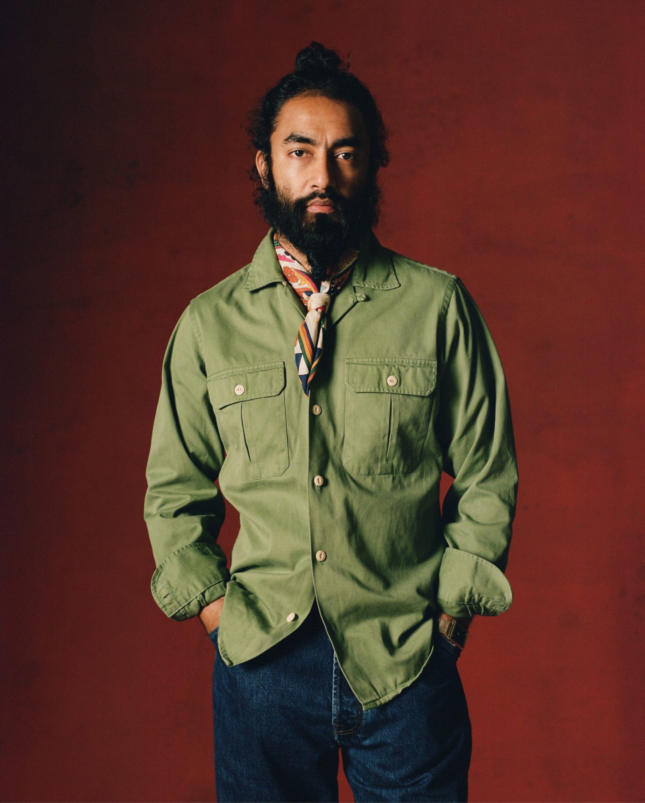 Green Brushed Cotton Twill Camp Collar Long Sleeve Shirt - Image 7